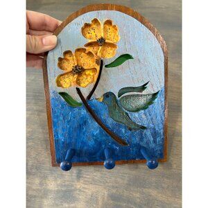 Hand Made Wood Key Holder Wall Hanging Hand Painted Bird Flowers